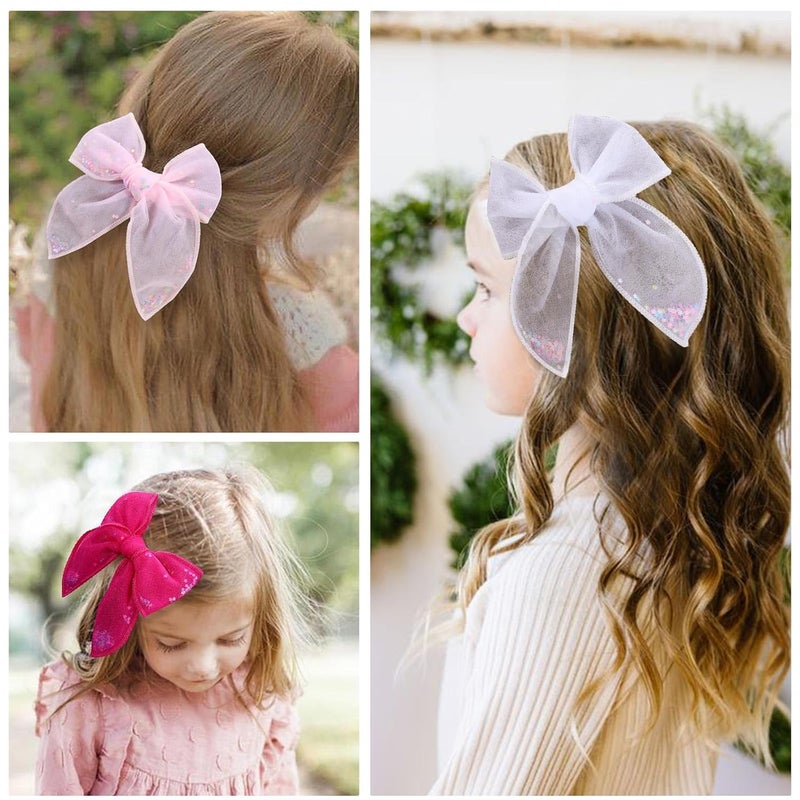 C.N. 6 PCS Tulle Hair Bows for Girls, Toddler Bows with Glitter Star Alligator, Colorful Hair Barrettes Wedding Hair Accessories for Baby Girls Infants Toddler Teens Party (Type B) - Image 3